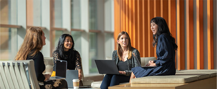 Group of women in an office with their laptops working together