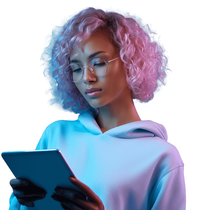 A young woman with light pink hair and round glasses uses a tablet. In the background, stylized charts show accessibility testing data