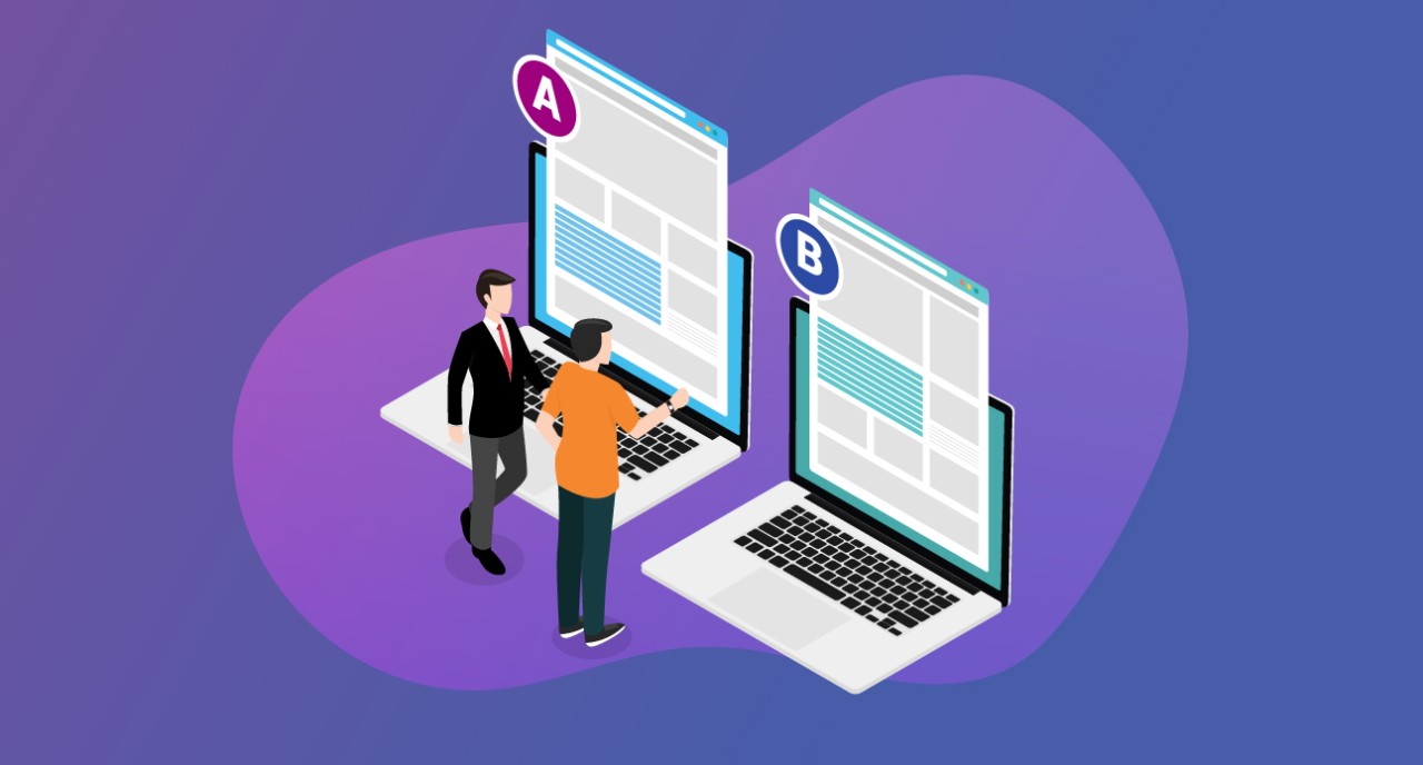 Two people A/B testing website layouts on laptops