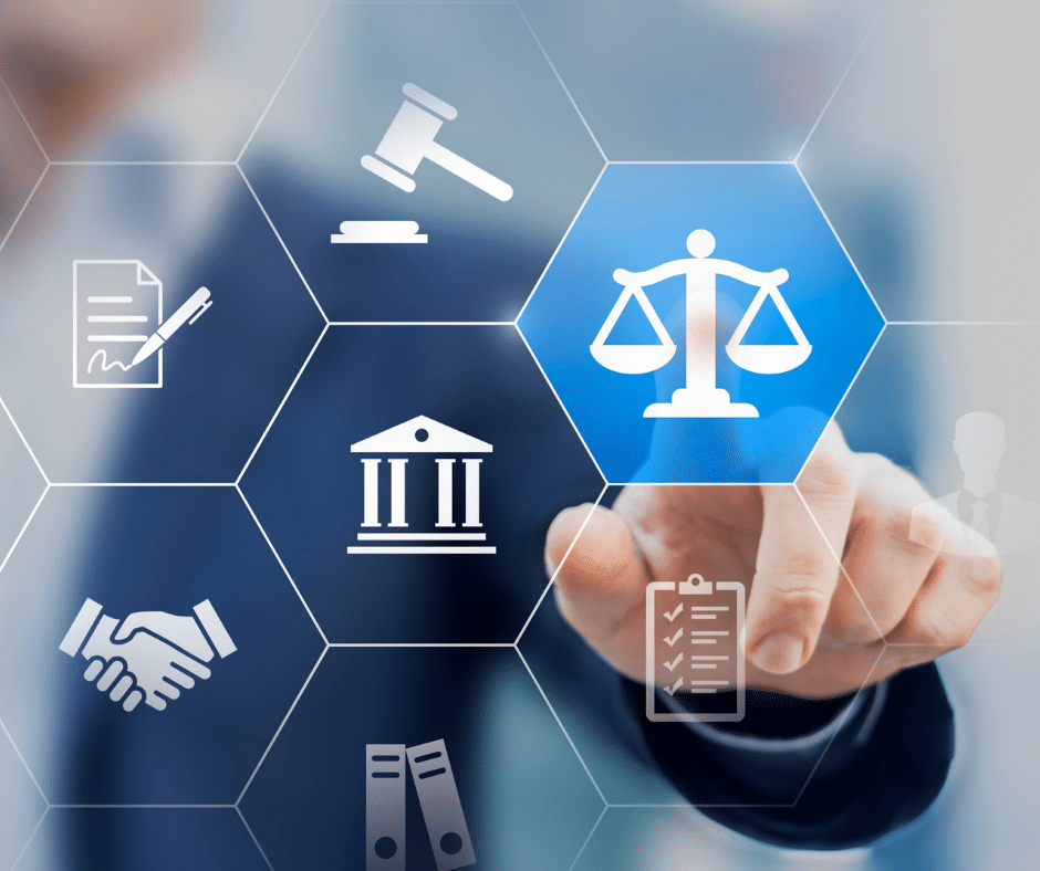 abstract image of man clicking on icon of scales of justice