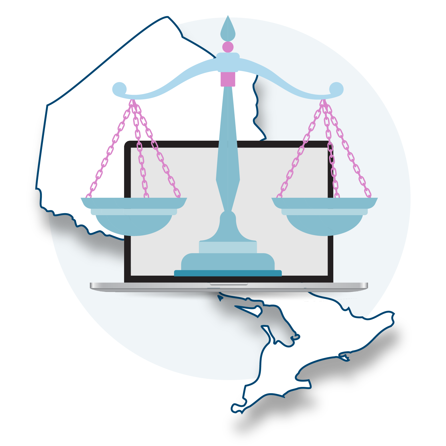 Conceptual outline of Ontario with scales of justice and computer screen