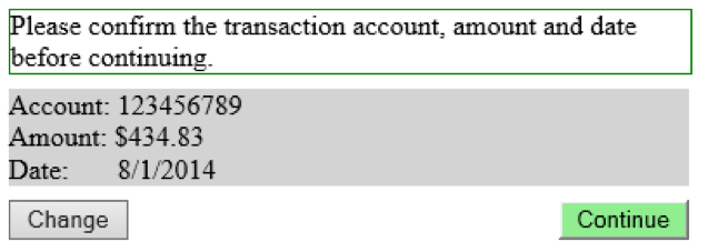 Please confirm the transaction amount, showing different formats for numbers: Account, Amount, Date