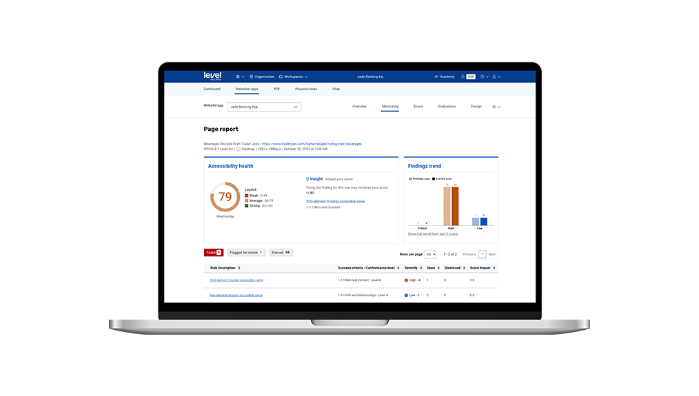 A laptop screen showing accessibility scan results. 