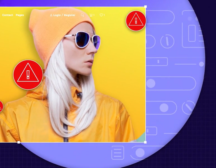 A mock-up of an e-commerce website showing a blonde female model in sunglasses and a yellow beanie. Red errors bubbles on the screen represent accessibility issues.