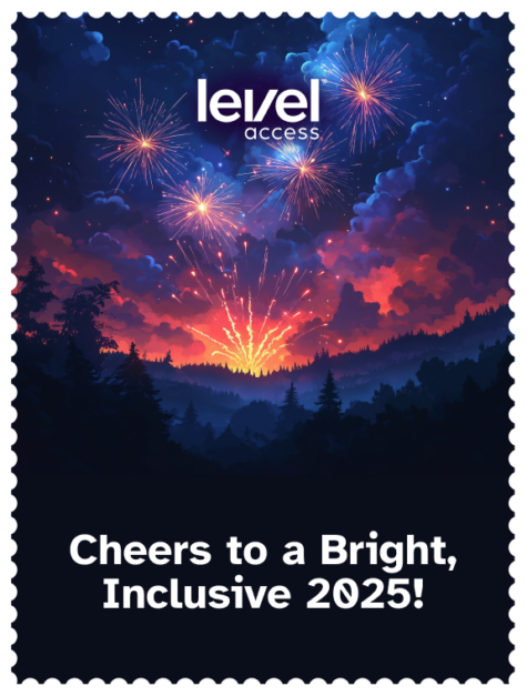 e-Card cover showing a night-time winter forest landscape. Above the pine trees is a colorful fireworks display. The e-Card text reads Cheers to a Bright, Inclusive 2025!