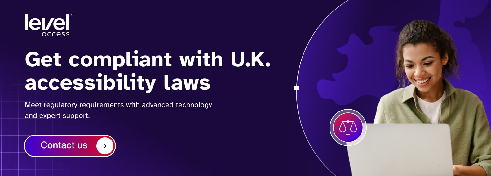 Woman smiling at laptop; text: Get compliant with U.K. accessibility laws.