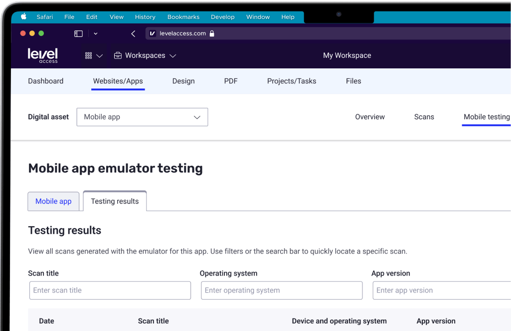 Screenshot of the Level Access Platform's mobile app emulator testing feature, inviting the user to filter test results by scan title, operating system, and app version
