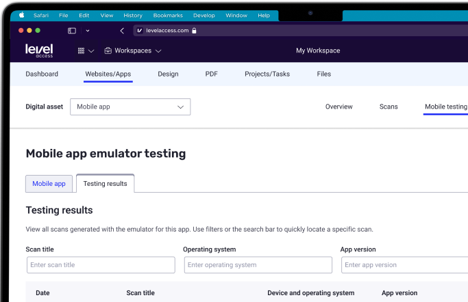 Screenshot of the Level Access Platform's mobile app emulator testing feature, inviting the user to filter test results by scan title, operating system, and app version