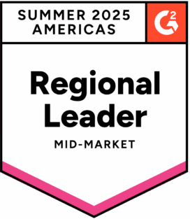Badge awarded to Level Access from G2 indicating a status of Regional Mid-Market Leader in the Americas for Summer 2025.