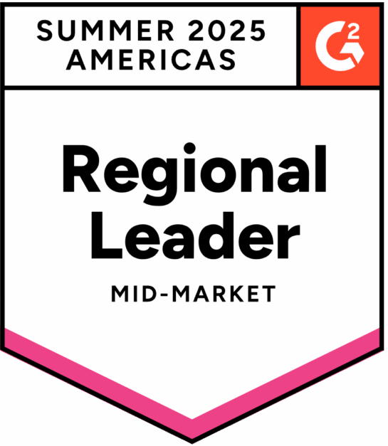 Badge awarded to Level Access from G2 indicating a status of Regional Mid-Market Leader in the Americas for Summer 2025.