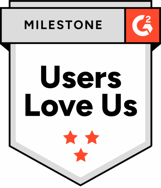 Badge awarded to Level Access from G2 indicating a milestone status for user affinity for Level Access platform and services. The badge is called Users Love Us.
