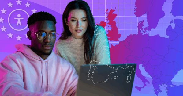 A man and a woman collaborate on a laptop, with a map of Europe overlaid in the background and its outlines extending over their figures. In the top left corner, an accessibility icon is encircled by EU flagship stars.